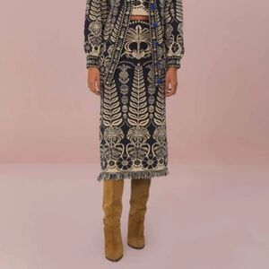 Farm Rio Ainika Tropical Splendor Knit Fringe Midi Skirt